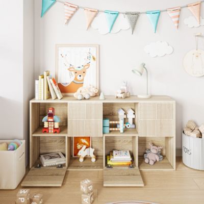 Bibliothèque Enfant Bois Massif 30x60x120cm, Étagère Rangement 8 Cases Charnière Sécurité, Style Scandinave Naturel