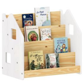 Bibliothèque enfant BRUNO, Rangement livres pour chambre enfant, 4 Compartiments, En pin massif maqué blanc/naturel