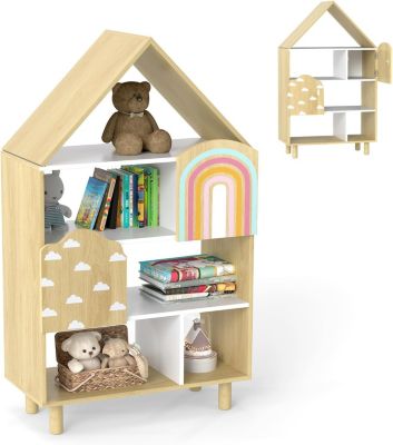 Bibliothèque Enfant en Forme de Maison,Étagère Enfant à 4 Niveaux avec Pieds en Bois, pour Chambre,Salle de Jeux et Crèche