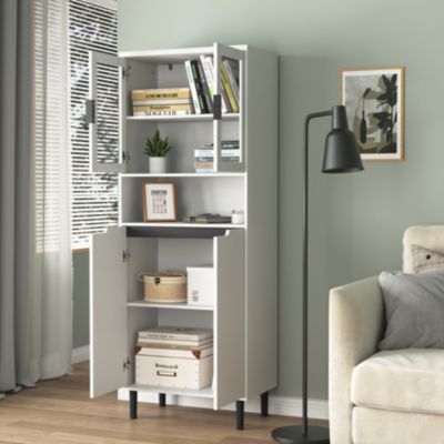 Bibliothèque Haute - Meuble de Rangement avec 4 Portes en Verre Trempé et Étagères Réglables, Spanplatte, 60 x 35 x 160 cm, Blanc