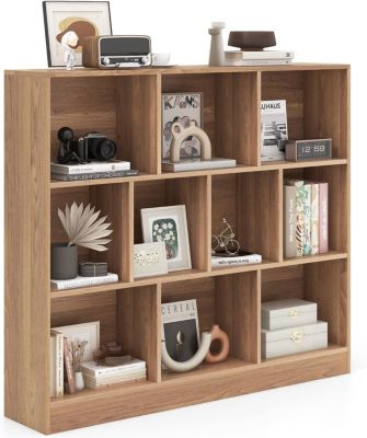 Bibliothèque Meuble Rangement Enfant avec 10 Cubes Ouvertes Étagère Rangement à 3 Niveaux pour Livres Jouets Naturel