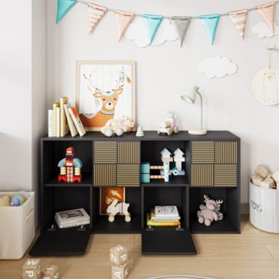Bibliothèque modulable 125x30x60 cm, Meuble de rangement à façade rainurée pour enfants, Vitrine, Meuble TV, noir