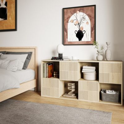 Bibliothèque modulable effet bois naturel 125x30x60 cm, Meuble de rangement à façade rainurée pour enfants, Vitrine, Meuble TV