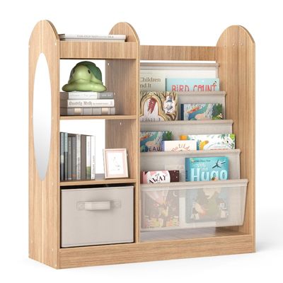 Bibliothèque Montessori Naturel Miroir Tiroir Amovible 3 Crochets Rangement Jouets Chambre Salle De Jeux Enfant