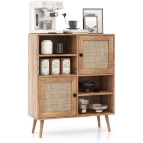 Bibliothèque scandinave avec 2 Portes en Rotin, 80 x 29,5 x 97 cm, Armoire de Rangement avec Dispositifs Anti-Basculement, Naturel