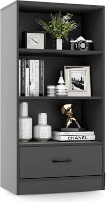 Bibliothèque sur Pied à 4 Niveaux avec 3 Compartiments Ouverts1 Tiroir avec Dispositif Anti basculement Gris
