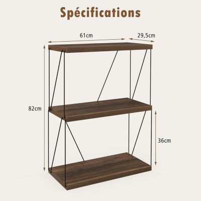 Bibliothèque Étagère à 3 Niveaux Ouverte Cadre Métallique Robuste Style Industriel pour Salon Bureau Hauteur 82cm