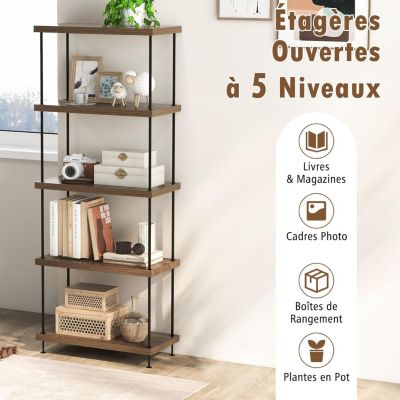 Bibliothèque Étagère à 5 Niveaux Ouverte Cadre Métallique Robuste Style Industriel pour Salon Bureau