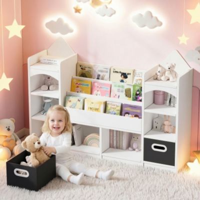 Bibliothèque /étagère à livre pour enfant -130x30x90 cm - Avec 2 boîtes de rangement pliables - Motif château - MDF - Blanc