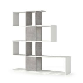 Bibliotheque Dfav, Bibliotheque double face avec 5 Etageres, Etagere en zigzag pour livres, 145x29h145 cm, Blanc et Ciment