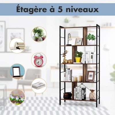 Bibliotheque Etagere de Rangement a 5 Niveaux, Style Industriel, Meuble de Rangement sur Pieds, Cadre Metallique,74x30x155CM