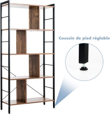 Bibliotheque Etagere de Rangement a 5 Niveaux, Style Industriel, Meuble de Rangement sur Pieds, Cadre Metallique,74x30x155CM