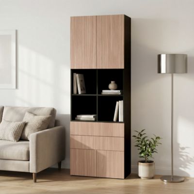 Bibliothèque semi ouverte effet chêne chaud et noir 4 portes 2 tiroirs GoodHome Atomia H. 225 x L. 75 x P. 35 cm