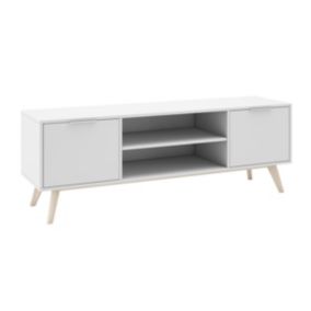 BLAJK - Meuble TV 140cm 2 Portes Scandinave MDF et Pin Massif  et Blanc