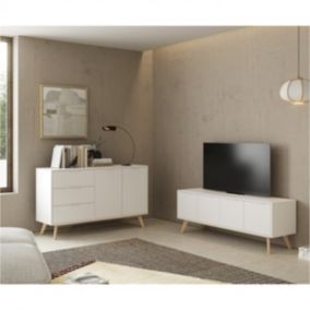 BLAJK - Pack Salon Scandinave Meuble TV 4 Portes + Buffet 140cm Pin  et Blanc