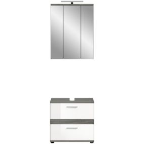 Blake - Set de 2 meubles de salle de bain mélaminé blanc et argenté avec éclairage, vasque non incluse (L/H/P : 60x191x34 cm)