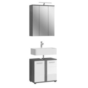 Blake - Set de 2 meubles de salle de bain mélaminé blanc et argenté avec éclairage, vasque non incluse (L/H/P : 64x191x34 cm)
