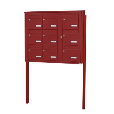 Bloc collectif leabox.com, 3x3, grade 3, simple face, Extérieur, fixation sur pieds à sceller, Rouge brun RAL 3011  brillant