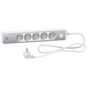 Bloc multiprises 5 Prises 2P+T et 2 USB (câble 1,5m) Blanc et Aluminium - Schneider