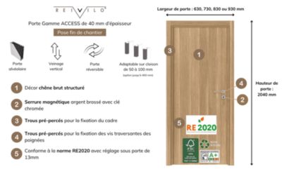 Bloc porte fin de chantier Matild, finition chêne brut structuré, réversible, H.204 x l.73 cm - Reivilo
