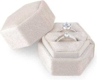 Boîte à bagues en velours, boîte à bijoux hexagonale à double fente pour 2 bagues (beige)