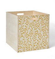 Boîte de rangement carrée en bois motif feuillage jaune