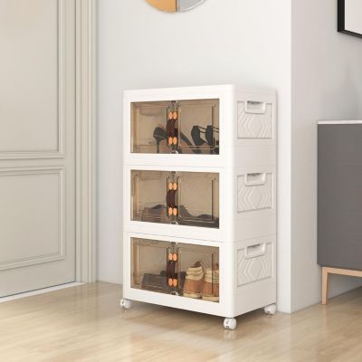 Boîte de Rangement Empilable 3 Bacs de Armoire avec Roues Verrouillables Commode Pliable en PP avec Portes