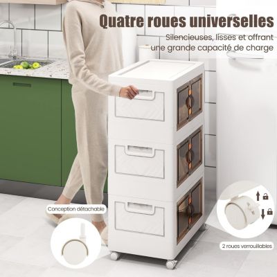 Boîte de Rangement Empilable 3 Bacs de Armoire avec Roues Verrouillables Commode Pliable en PP avec Portes