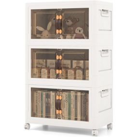 Boîte de Rangement Empilable 3 Bacs de Armoire avec Roues Verrouillables Commode Pliable en PP avec Portes