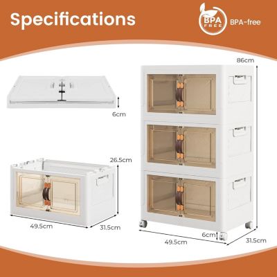 Boîte de Rangement Empilable 3 Bacs de Armoire avec Roues Verrouillables Commode Pliable en PP avec Portes