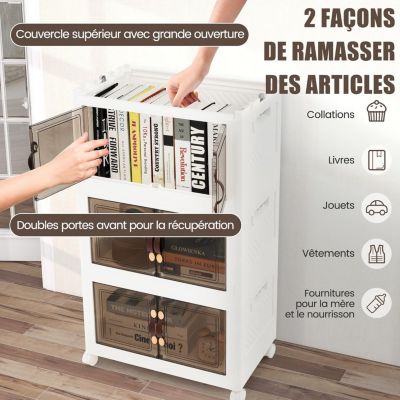 Boîte de Rangement Empilable 3 Bacs de Armoire avec Roues Verrouillables Commode Pliable en PP avec Portes