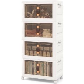 Boîte de Rangement Empilable 4 Bacs de Armoire avec Roues Verrouillables Commode Pliable en PP avec Portes