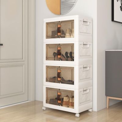 Boîte de Rangement Empilable 4 Bacs de Armoire avec Roues Verrouillables Commode Pliable en PP avec Portes