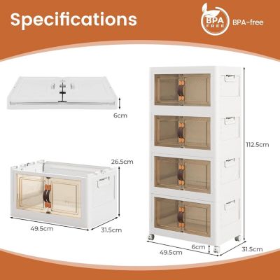 Boîte de Rangement Empilable 4 Bacs de Armoire avec Roues Verrouillables Commode Pliable en PP avec Portes