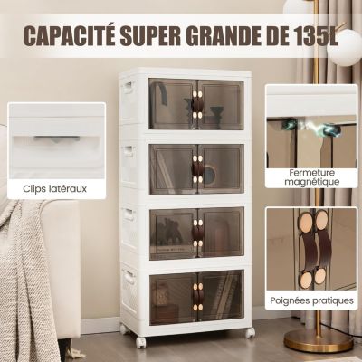 Boîte de Rangement Empilable 4 Bacs de Armoire avec Roues Verrouillables Commode Pliable en PP avec Portes