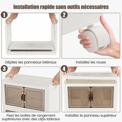Boîte de Rangement Empilable 4 Bacs de Armoire avec Roues Verrouillables Commode Pliable en PP avec Portes