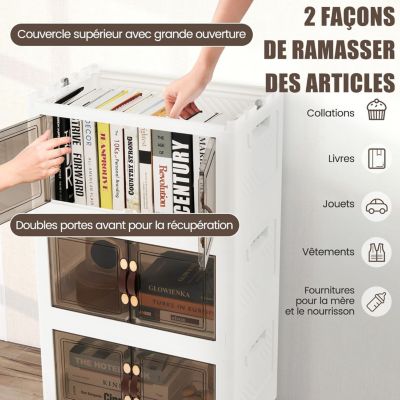 Boîte de Rangement Empilable 4 Bacs de Armoire avec Roues Verrouillables Commode Pliable en PP avec Portes