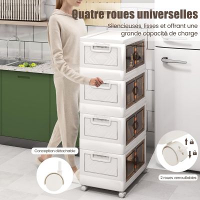 Boîte de Rangement Empilable 4 Bacs de Armoire avec Roues Verrouillables Commode Pliable en PP avec Portes