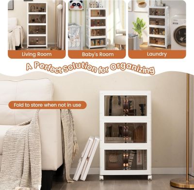 Boîte de Rangement Empilable 4 Bacs de Armoire avec Roues Verrouillables Commode Pliable en PP avec Portes