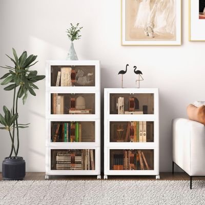 Boîte de Rangement Empilable 4 Bacs de Armoire avec Roues Verrouillables Commode Pliable en PP avec Portes