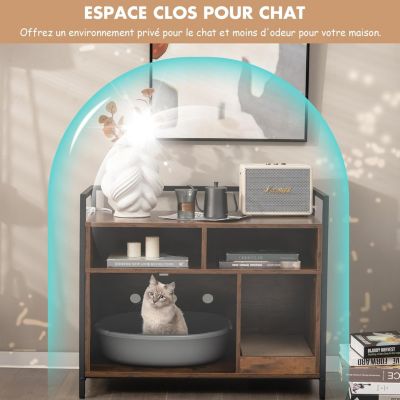 Boîte à Litière Pour Chat Meubles Pour Chat Cadre en Métal Robuste Planche à Gratter Caisse en Bois Marron