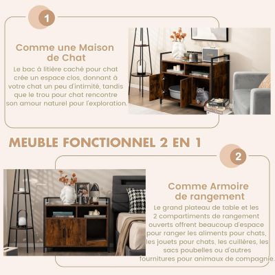 Boîte à Litière Pour Chat Meubles Pour Chat Cadre en Métal Robuste Planche à Gratter Caisse en Bois Marron
