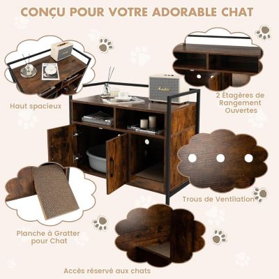 Boîte à Litière Pour Chat Meubles Pour Chat Cadre en Métal Robuste Planche à Gratter Caisse en Bois Marron