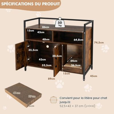 Boîte à Litière Pour Chat Meubles Pour Chat Cadre en Métal Robuste Planche à Gratter Caisse en Bois Marron