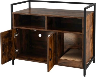Boîte à Litière Pour Chat Meubles Pour Chat Cadre en Métal Robuste Planche à Gratter Caisse en Bois Marron