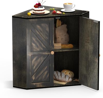 Boîte à pain d'angle en bambou - 2 étages 43 x 28,2 x 42 cm - noir vieilli