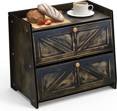 Boîte à pain en bambou à 2 étages - Pour plan de travail de cuisine 40 x 25 x 35 cm - Noir vieilli