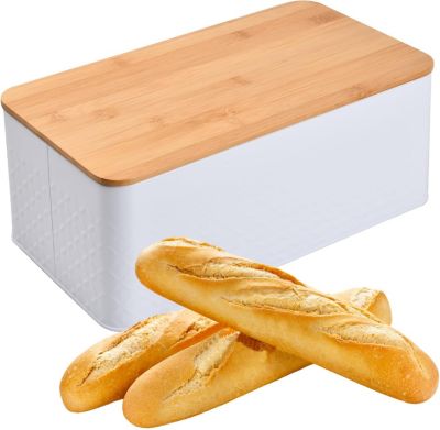 Boîte à Pain Grande Capacité avec Couvercle en Bambou 33 x 18 x 13.5 cm blanc