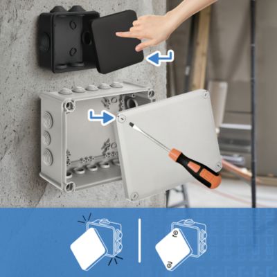 Boîte étanche en saillie avec presse-étoupes, résistante aux UV, fermeture à clipser, 78x78x47 mm, IP55, gris, 1 pièce