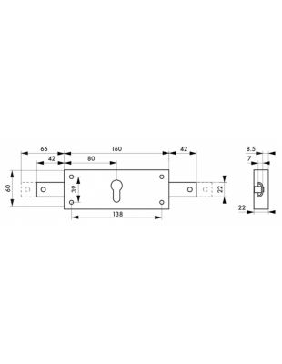 Boîtier de serrure en applique à cylindre pour rideau métallique, 2 pts latéraux, axe 80mm, 160x60mm, zingué - THIRARD
